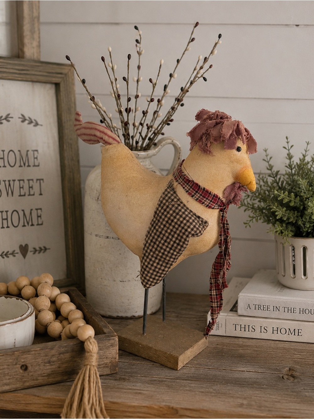 Primitive Beige and Brown Folk Art Chicken